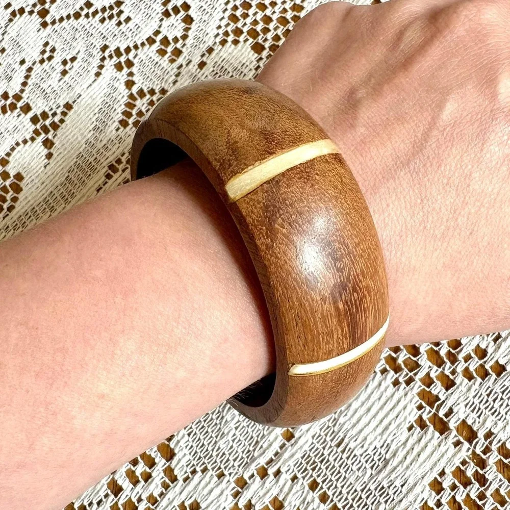 Vintage Wood Bangle Bracelet Cream Inlay Stripes Statement Bohemian Chunky Retro